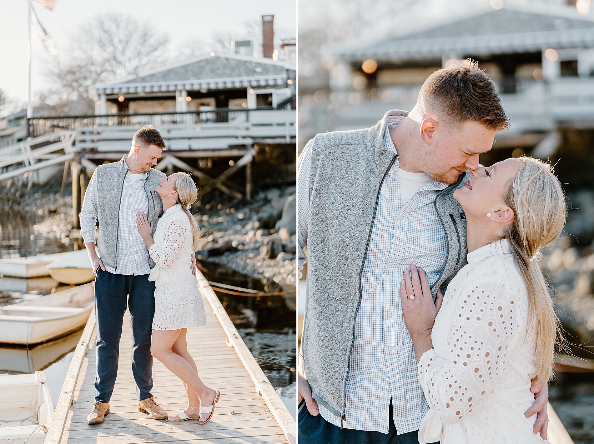 couple on dock near beach in Maine