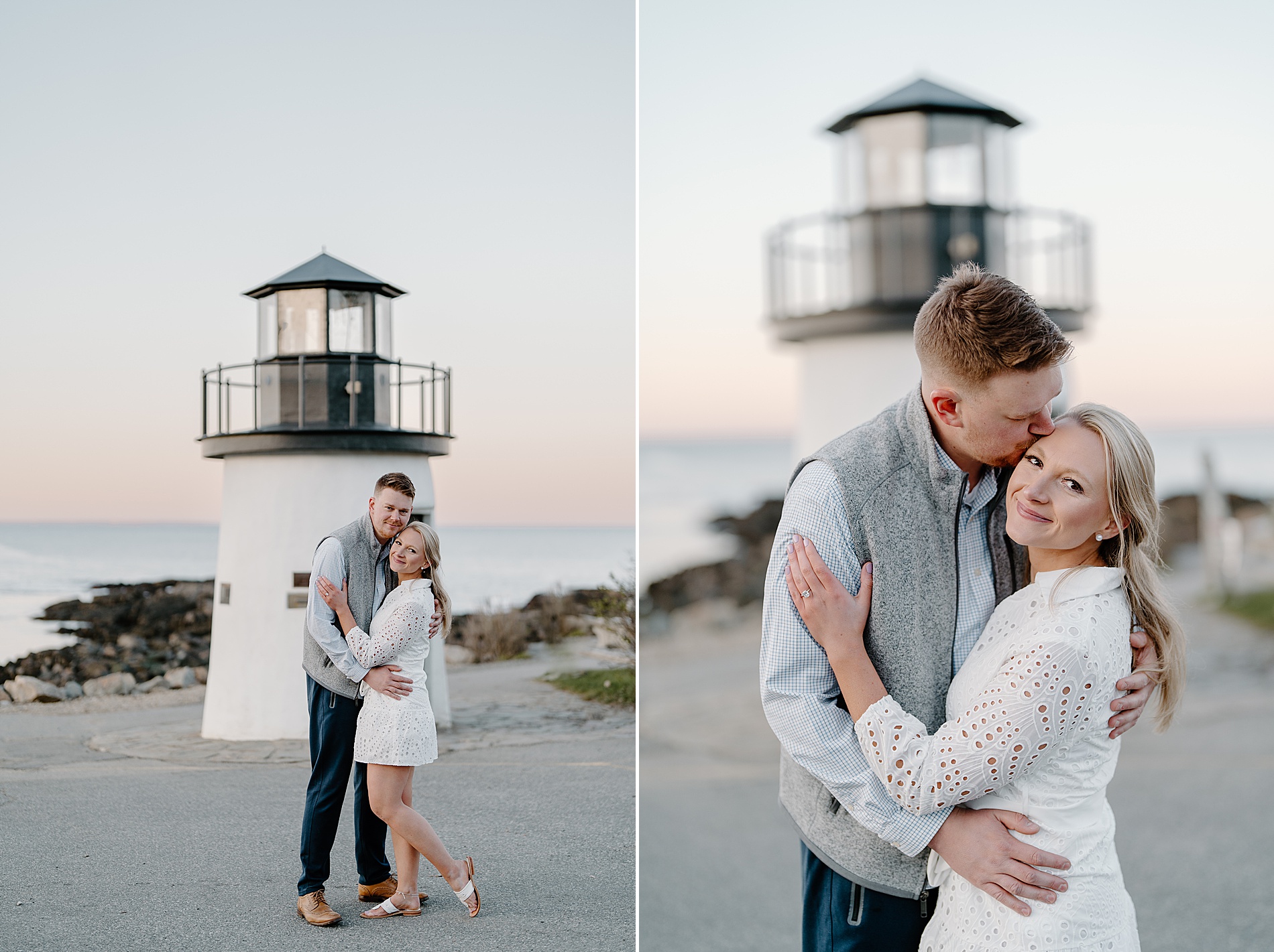 Couple stands in front of lighthouse on Maine beach