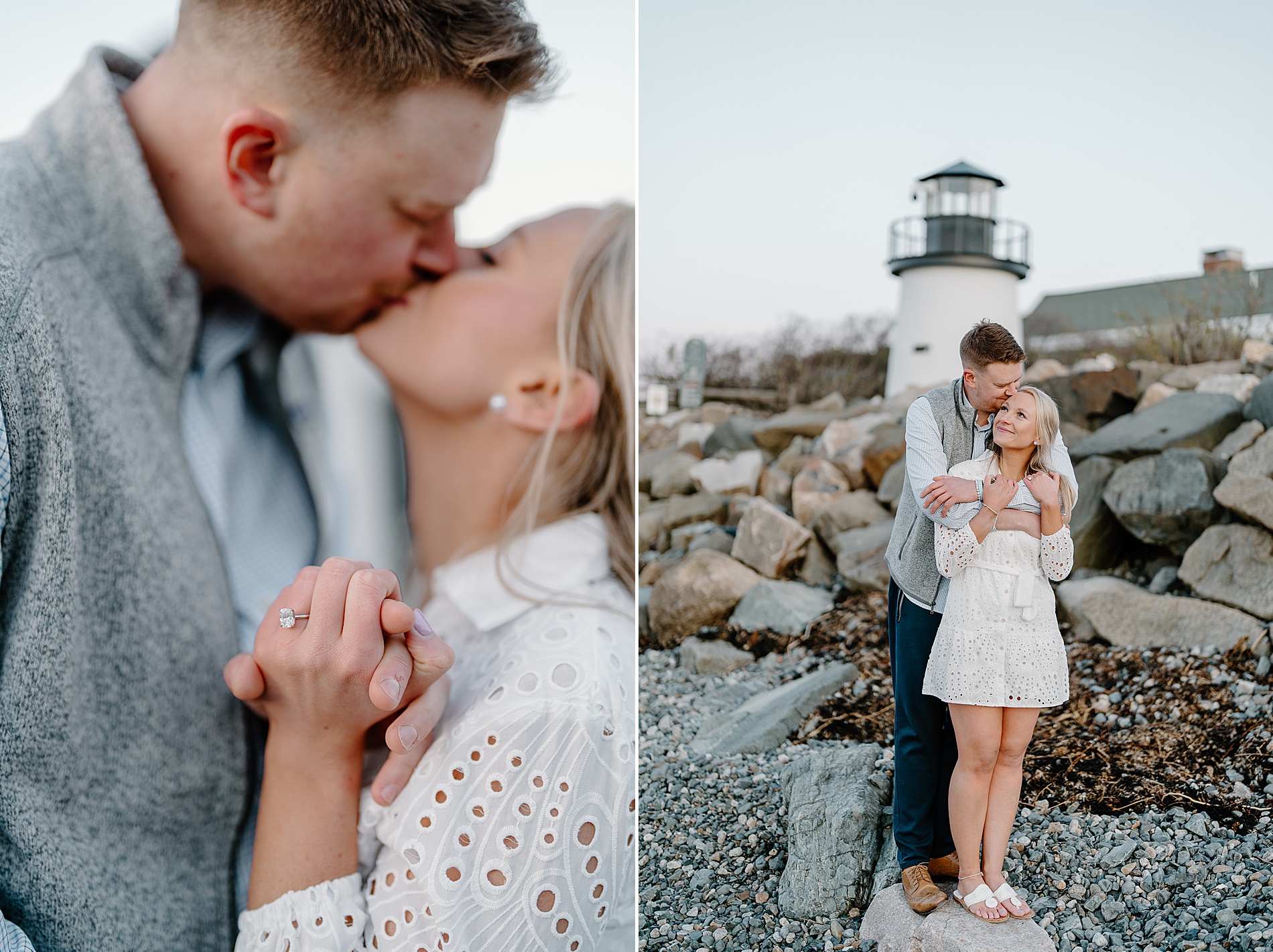 Romantic Maine engagement in front of lighthouse