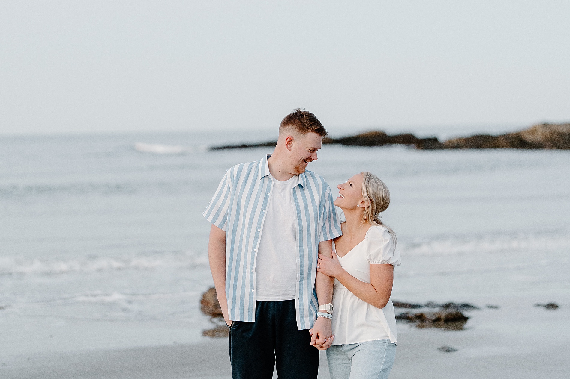 Candid Maine beach engagement session