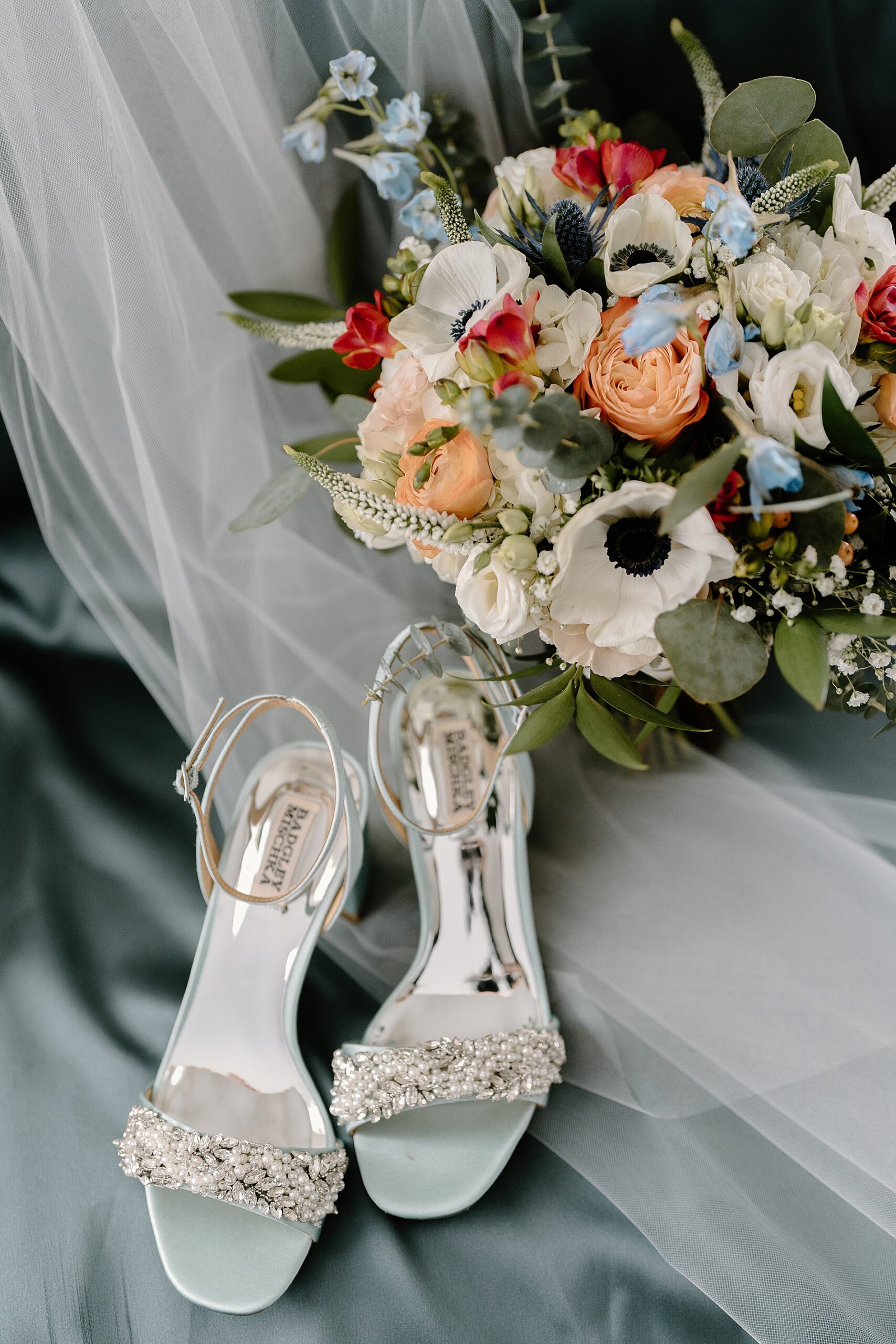 bridal bouquet and wedding shoes
