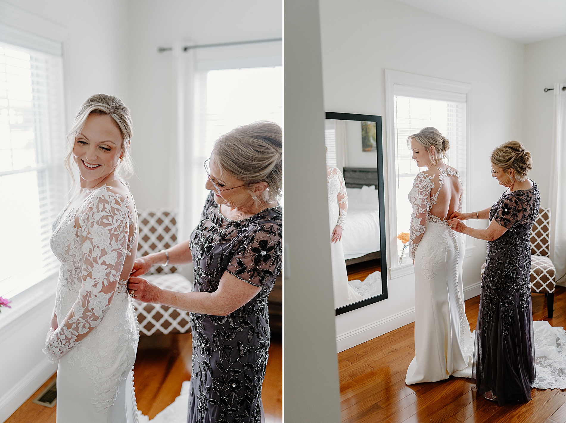 bride getting into wedding dress 