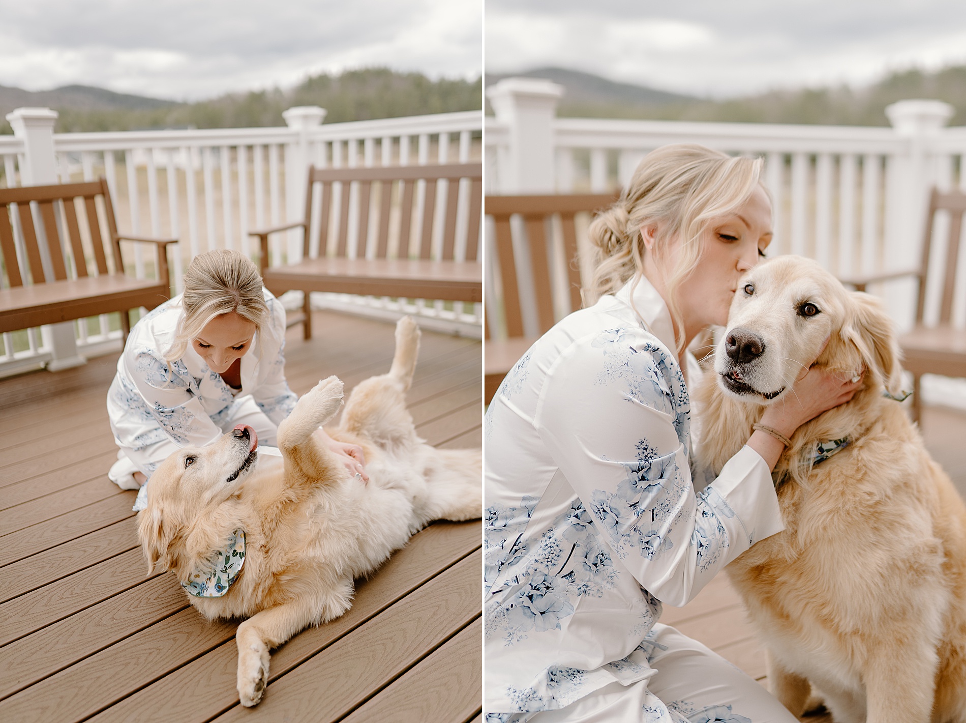 bride with dog on porch of Owl's Nest Resort 