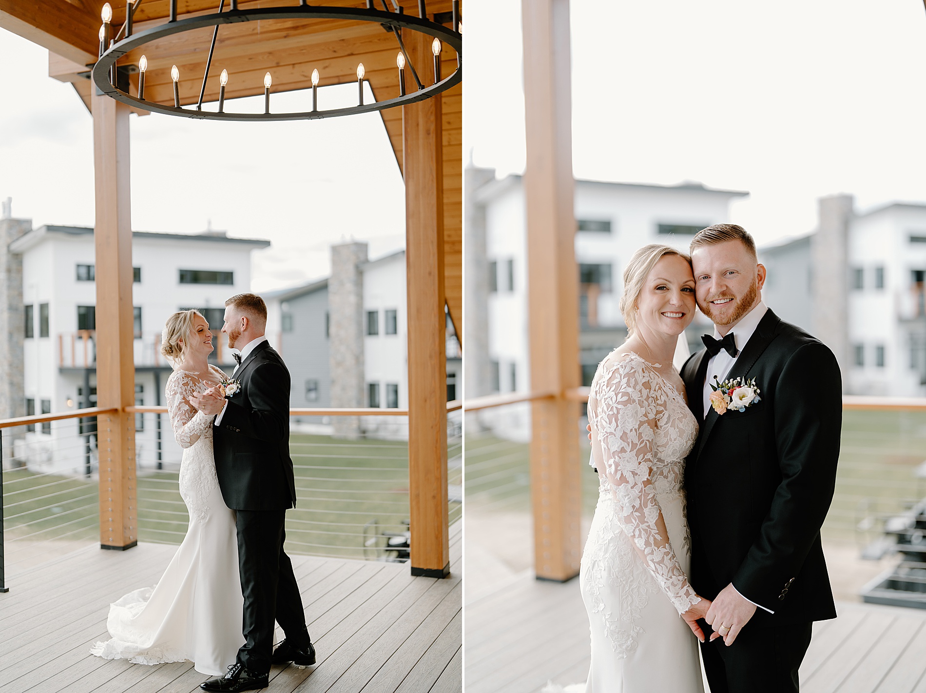 wedding photos on porch of Lake House venue at Owl's Nest Resort   