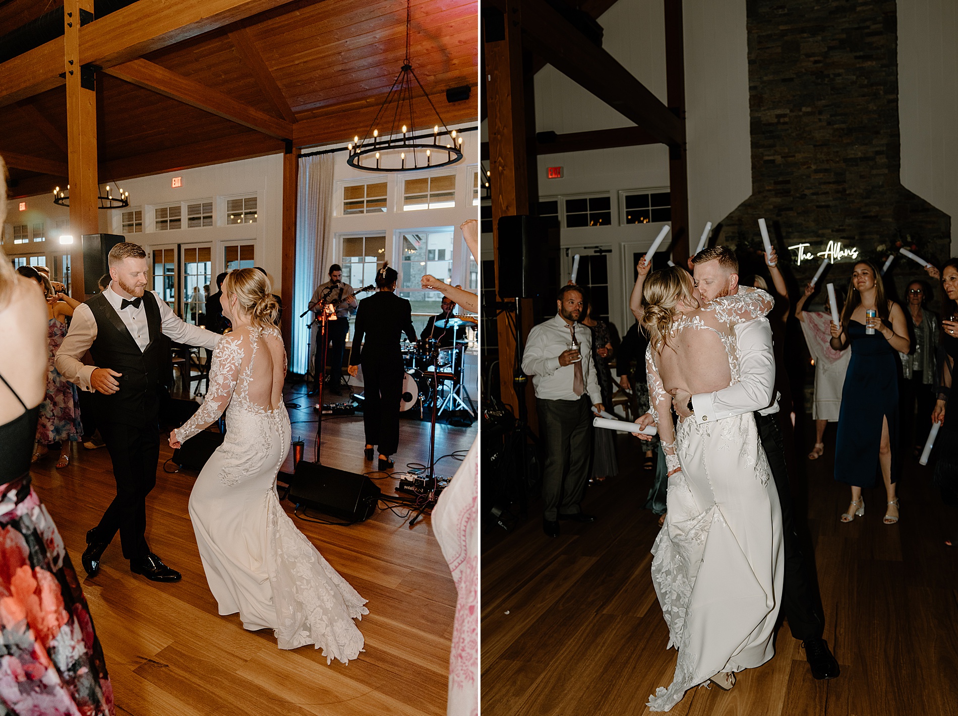 newlyweds and wedding guests dance at reception