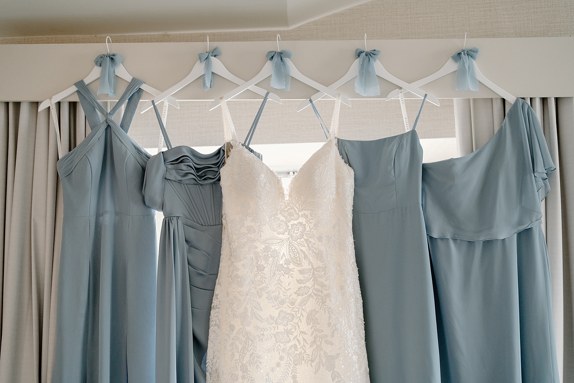 wedding dress and steel blue bridesmaids dresses 