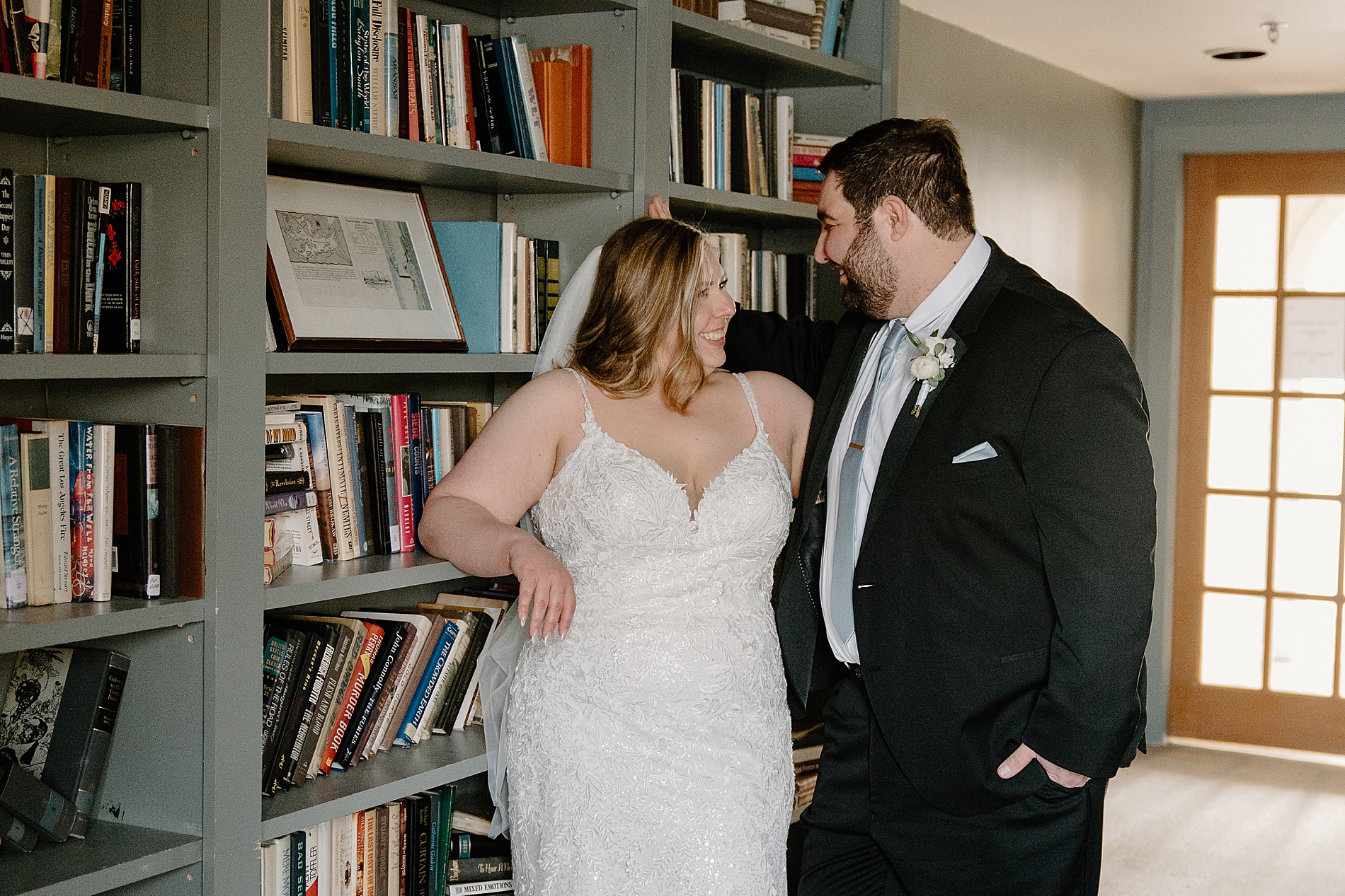 bride and groom inside library at Church Landing Wedding 