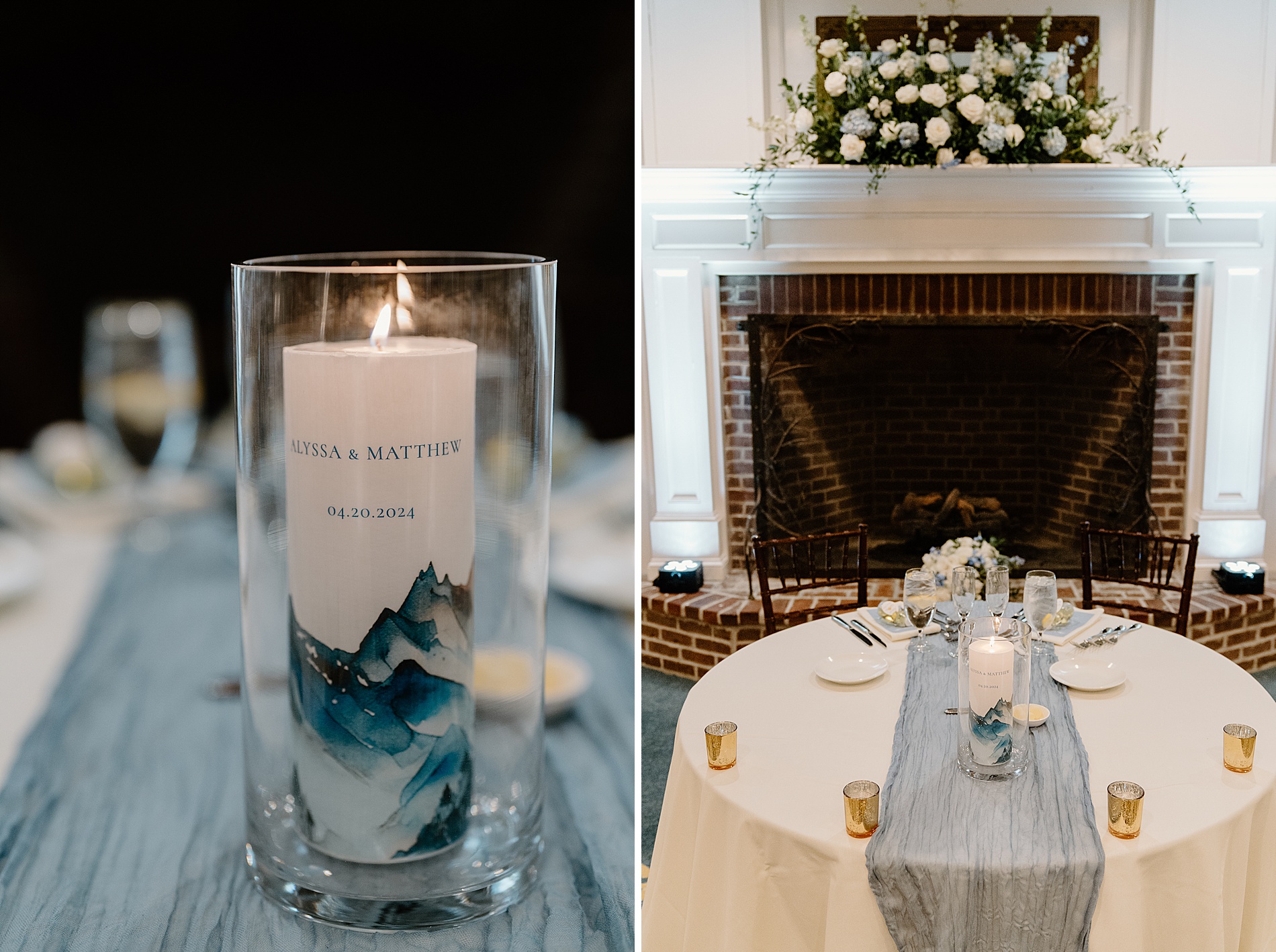 wedding reception details in dusty blue and white