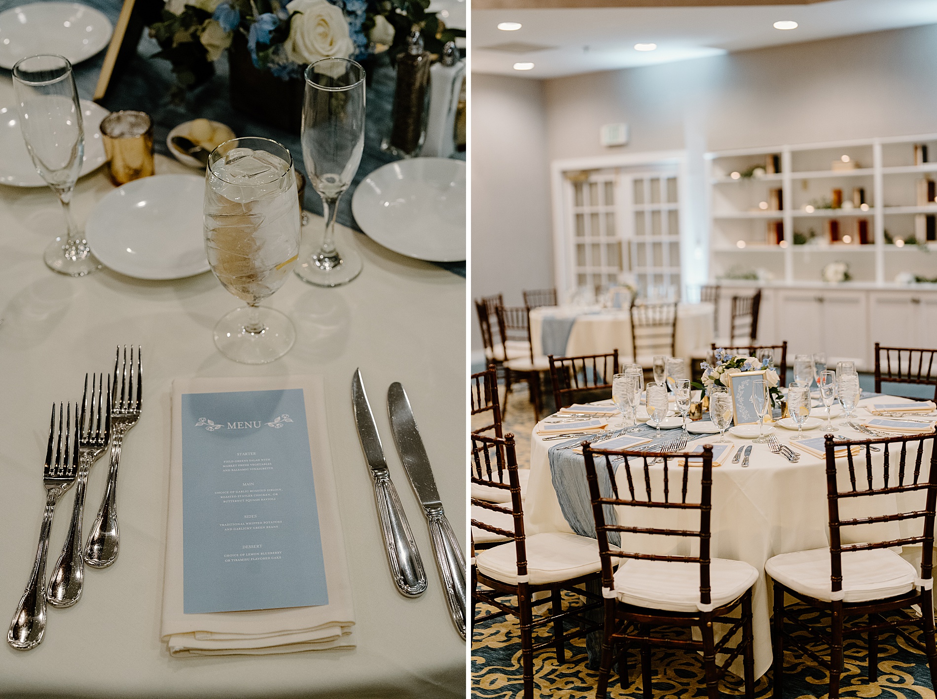 white and blue wedding details 